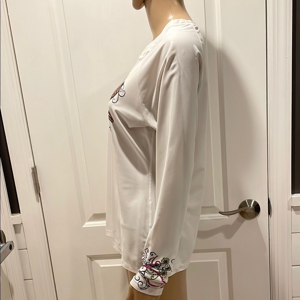 ATHLETA Women's White Long Sleeve Top with Pink and Green Design size L - Picture 2 of 3
